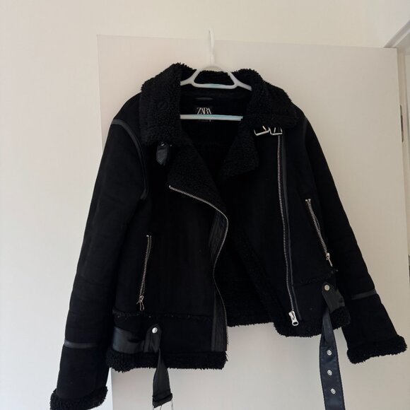 ZARA Faux Fur Shearling Double Faced Moto Jacket with Belt - Picture 1 of 3